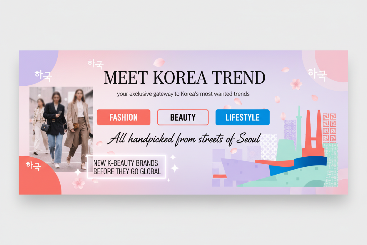 We're building a shopping mall that reflects current Korean trends. Using the attached logo image, we'll create promotional materials that will capture the interest of overseas buyers interested in the Korean Wave and encourage them to purchase products currently trending in Korea.[Intro Brand – Solution]
Meet Korea Trend – your exclusive gateway to Korea’s most wanted trends.
Fashion. Beauty. Lifestyle. All handpicked from the streets of Seoul.

[Product Tease]
✨ New K-Beauty brands before they go global.
